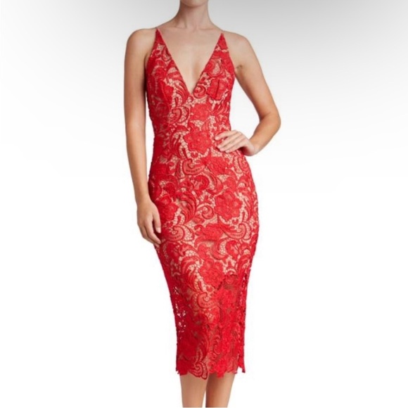 Dress The Population Marie Cherry Red Lace Midi Dress - www.mordernwear.com